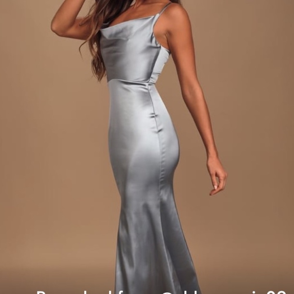 Lulu’s Pastel Blue Satin Cowl Neck Maxi Dress